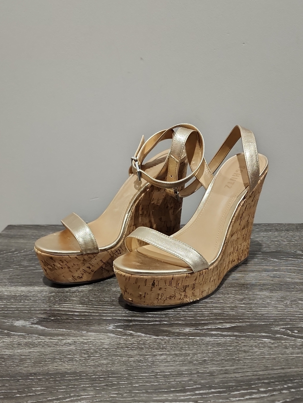 Schutz Gold Metallic Ankle Strap Cork Wedges